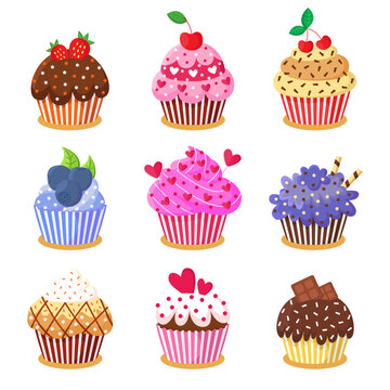Set of cute delicious cupcakes and muffins. Cakes vector illustrations design