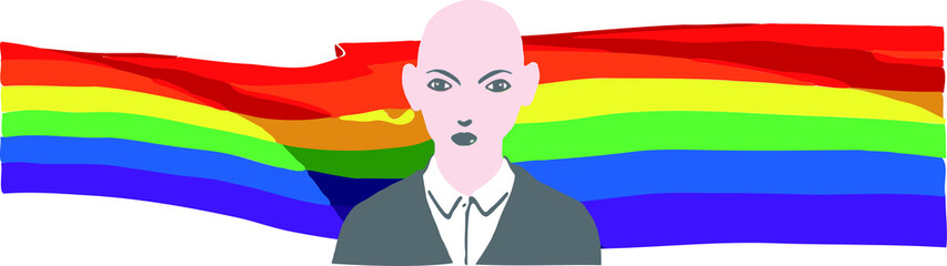 LGBTQ banner represents the right of the different sexes and gender identity. A lady-like bald person in a formal gray suit implicating acceptance by the wider society in the modern work environment.