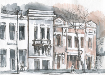 art deco building on the street sketch  - 457644191