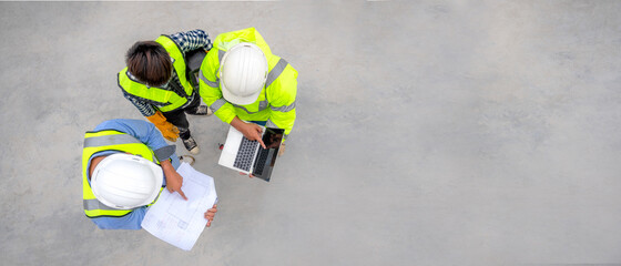 Banner : Civil engineer inspect structure at construction site against blueprint, Building...