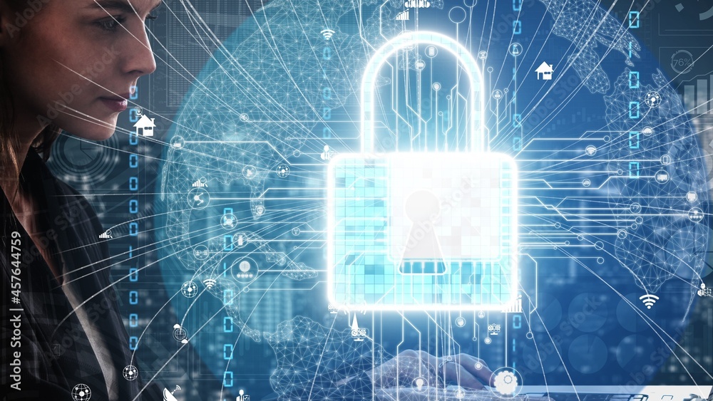 Poster cyber security encryption technology to protect data privacy conceptual . 3d render computer graphic