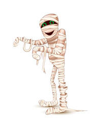 Cute smiling mummy. The cartoon mummy is walking, arms outstretched forward. Character for the holiday Halloween. White background