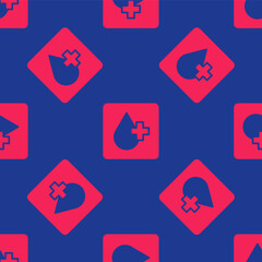 Red Blood test and virus molecule coronavirus icon isolated seamless pattern on blue background. Coronavirus, COVID-19. 2019-nCoV. Vector