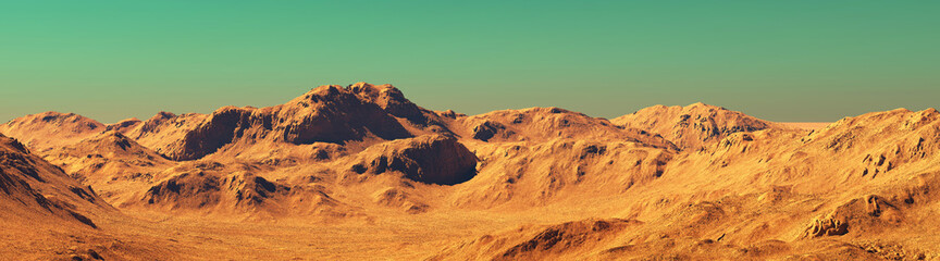 Mars landscape panorama, 3d render of imaginary mars planet terrain, orange desert with mountains, realistic science fiction illustration.
