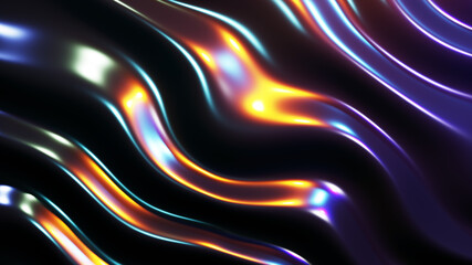 Abstract background, dark liquid metal waves with neon colors lights, interesting  metallic texture 3D Render illustration.