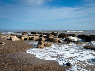 Concrete blocks on the foreshore at Spurn Point, East Yorkshire, England