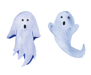 Obraz premium Watercolor hand drawn illustration of two pastel blue ghosts screaming. Cute kawaii Halloween design for wall art posters invitation cards. Spooky October apparition for nursery decor.