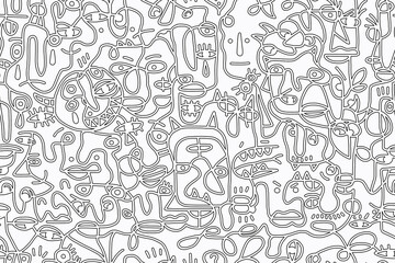 Black and white cartoon pattern on a white background, abstract design, seamless background.