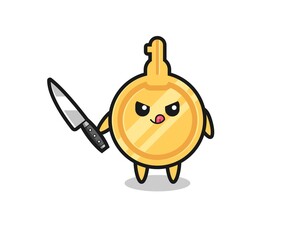 cute key mascot as a psychopath holding a knife