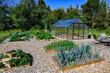 greenhouse and cultivating boxes in back garden