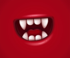 Vampire monster cartoon mouth with fangs for Halloween holiday. Red background. Vector illustration.