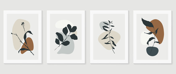 Botanical wall art vector set. Foliage line art drawing with abstract shape.  Abstract Plant Art design for print, cover, wallpaper, Minimal and  natural wall art. Vector illustration.