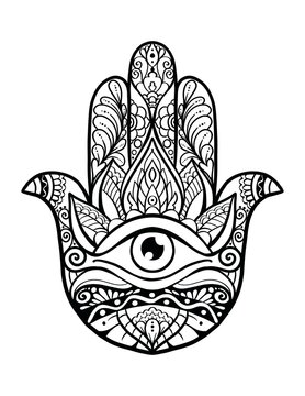 Indian henna tatoo hamsa hand with ornament outline, isolated on white background, adult coloring book page
