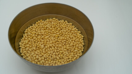大豆を水に浸す。ボウルの中の大豆。