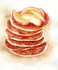 the watercolor illustration of pancake with apple slice