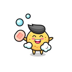 potato chip character is bathing while holding soap