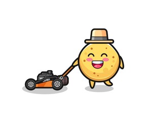 illustration of the potato chip character using lawn mower