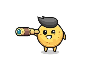 cute potato chip character is holding an old telescope