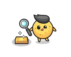 potato chip character is checking the authenticity of the gold bullion