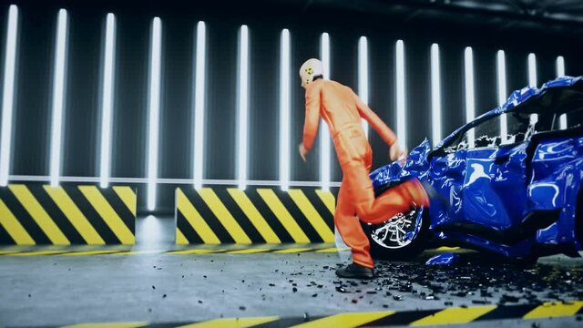Crash test funny dummy, mannequin dancing. Car crash. Realistic 4k animation.