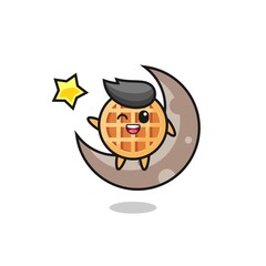 illustration of circle waffle cartoon sitting on the half moon
