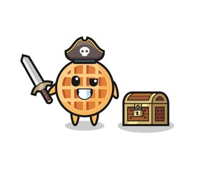 the circle waffle pirate character holding sword beside a treasure box