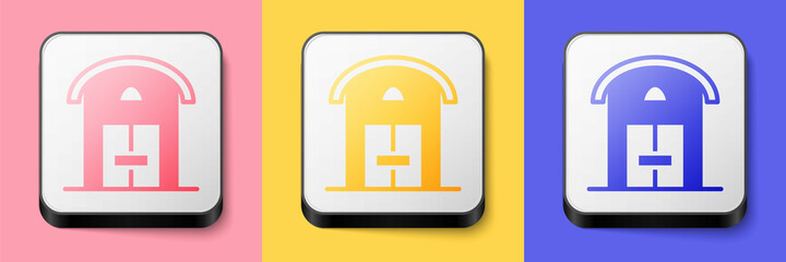 Isometric Farm house icon isolated on pink, yellow and blue background. Square button. Vector