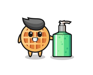 cute circle waffle cartoon with hand sanitizer