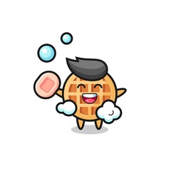 circle waffle character is bathing while holding soap