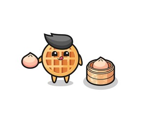 cute circle waffle character eating steamed buns