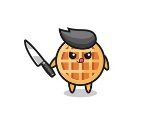 cute circle waffle mascot as a psychopath holding a knife