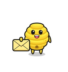 cartoon illustration of bee hive holding a yellow letter