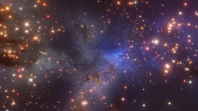 4K looping animation of flying through glowing nebula. Seamless loop galaxy exploration through outer space towards glowing milky way galaxy.  Gas Clouds with noise and stars field. 