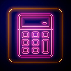 Glowing neon Calculator icon isolated on black background. Accounting symbol. Business calculations mathematics education and finance. Vector