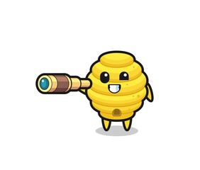 cute bee hive character is holding an old telescope