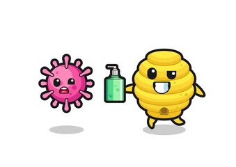 illustration of bee hive character chasing evil virus with hand sanitizer
