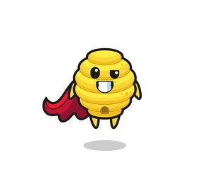 the cute bee hive character as a flying superhero
