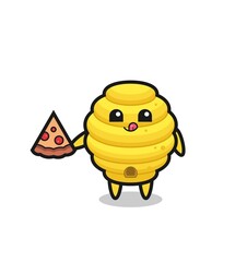 cute bee hive cartoon eating pizza