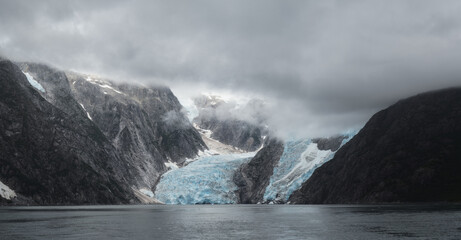 Panorama of Northerwestern Glacier at the end of a fjord in Kenai Fjords National Park, Alaska
