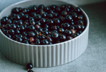 Ripe black currant in a round bowl close-up