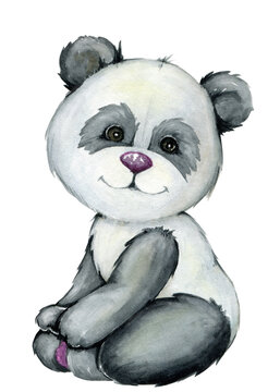 A panda, painted in watercolor, is sitting. Cute animal, in cartoon style, on an isolated background.
