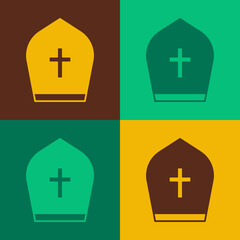 Fototapeta premium Pop art Pope hat icon isolated on color background. Christian hat sign. Vector