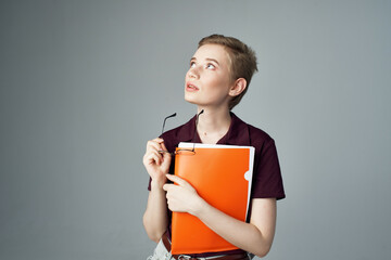 pretty woman in a red shirt classic style isolated background