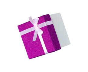 Gift box for gifts. celebration concept. White box with a lilac cap and bow. On an isolated white background.
