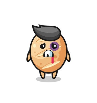 injured french bread character with a bruised face