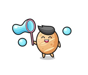 happy french bread cartoon playing soap bubble