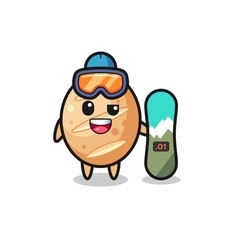 Illustration of french bread character with snowboarding style