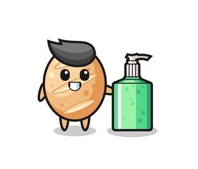 cute french bread cartoon with hand sanitizer