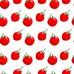 Vector seamless pattern: ripe, red, appetizing small fresh tomatoes and green leaves. Design with vegetables or natural ingredirnts for cooking. For textile, wall decor, wrapping paper.  