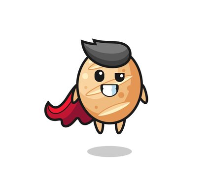 the cute french bread character as a flying superhero